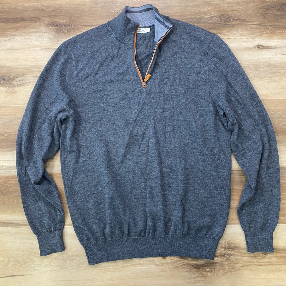 Collars & Co Quarter Zip Sweater Large Merino Wool Pullover Grey Regular Fit